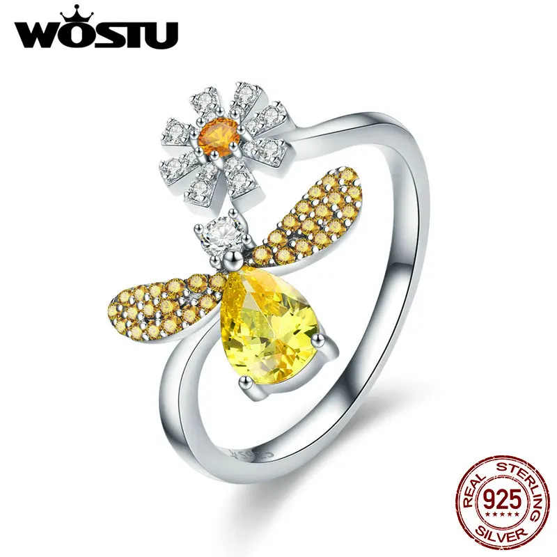 WOSTU, 925 пробы, серебряная пчела с ромашками, регулируемые Открытые Кольца для женщин, вечерние и свадебные 925, ювелирное изделие, подарок CQR348