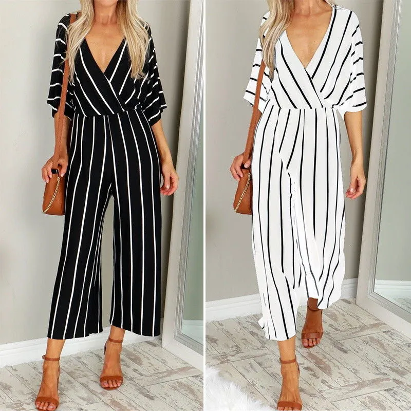 

New Womens Casual Short Sleeve Summer Jumpsuits Ladies Fashion Trousers Female V-Neck Striped Loose Rompers