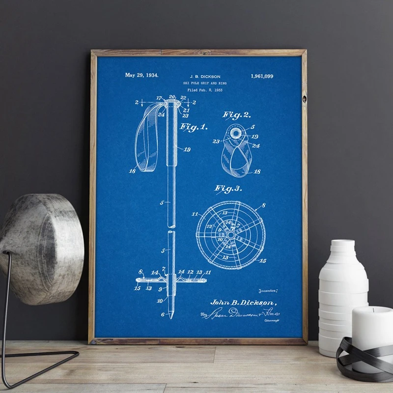 Лыжные палки патент печати зимние лыжные Wall Art Холст Картина снег Лыжный Спорт Плакаты домашний винтажный Декор план подарок спортивный идея