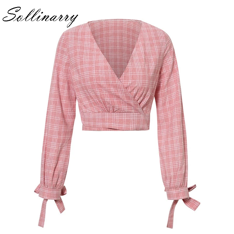 Sollinarry Pink plaid Long Sleeve Crop Womens Tops and Blouse Casual V-Neck Feminino Cardigan Bow Shirt Blusa |