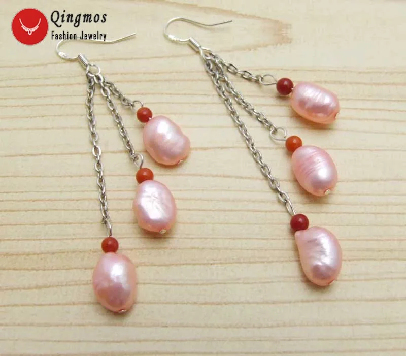 Qingmos 3 Pieces Natural Pearl Earrings for Women with 7-9mm Light Pink Baroque Freshwater Dangle 3&quot Jewelry e549 | Украшения и