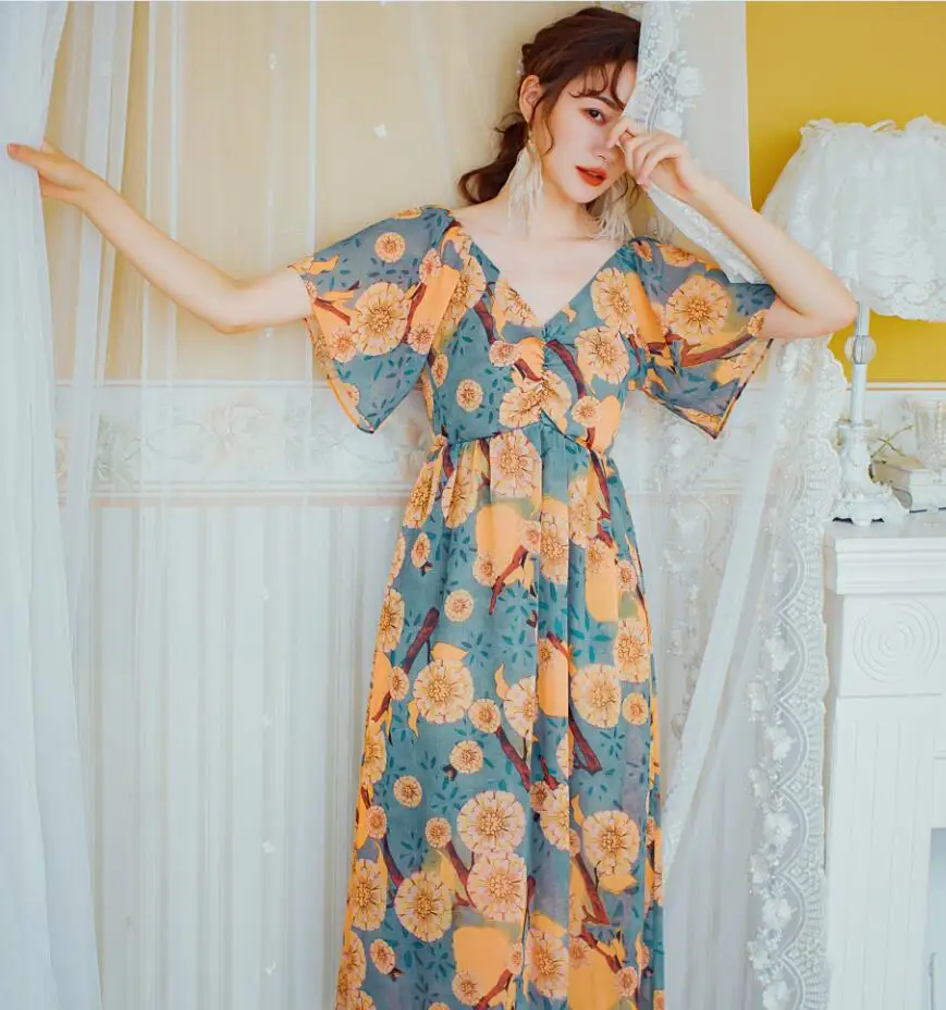 Женское винтажное платье с цветочным принтом v-образным вырезом коротким рукавом