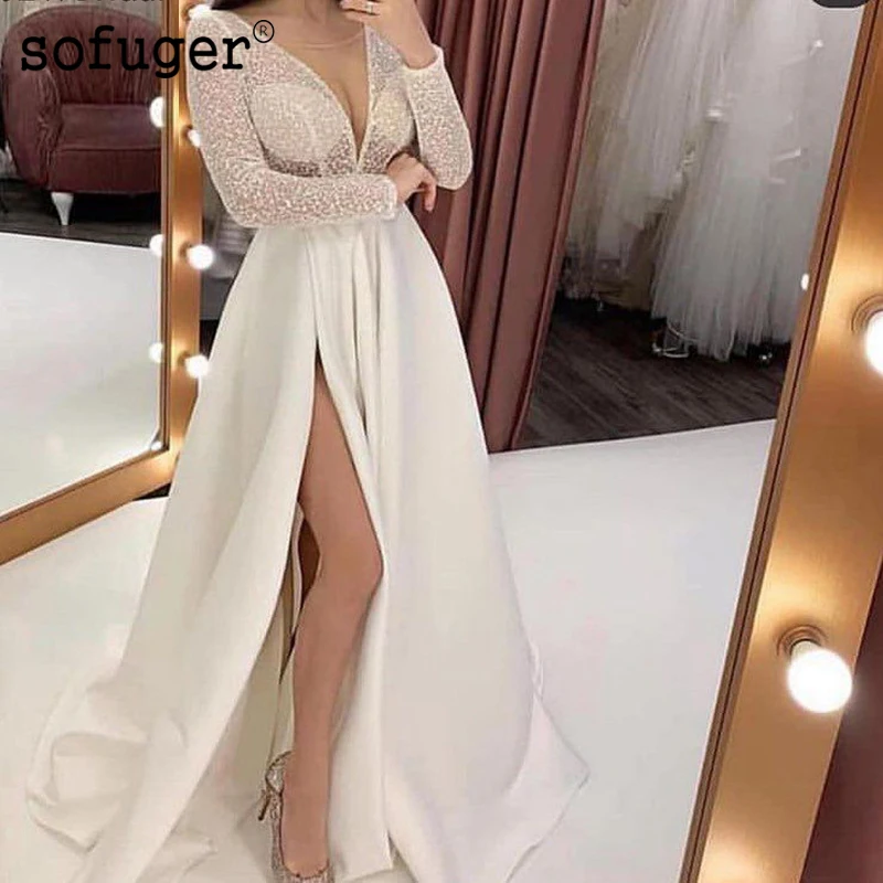 Длинное атласное платье цвета слоновой кости, высокий сексуальный разрез, плиссированное вечернее платье с v-образным вырезом, халат De Soiree Sofuge Vestidos De Fiesta De Noche