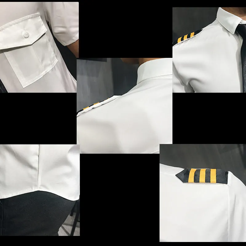 Camisa Social Manga Curta Air Force Pilots Uniform Shirt Men Black White Slim Fit Social Workwear Short Sleeve Dress Shirt Men