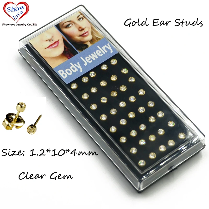 

Showlove-40Pcs 4mm 316L Surgical Steel Gold Ear Studs Earrings for piercing gun CZ Gem Ear Studs Body Jewelry