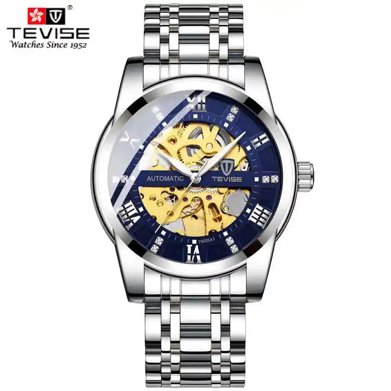 silver blue TEVISE Top Luxury Brand Mens Automatic Watches Men Stainless steel Skeleton Mechanical Wristwatch Relogio Masculino - Цвет: silver blue