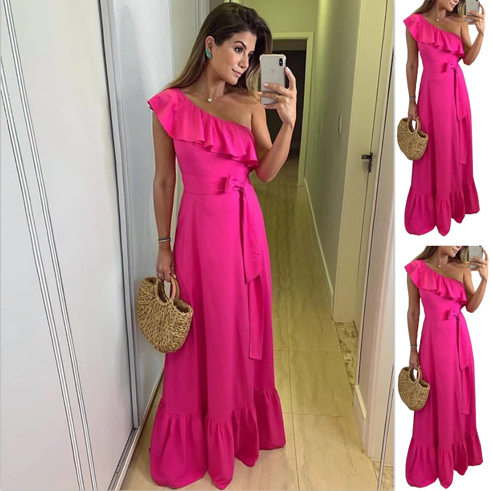 rose red Новое летнее сексуальное женское платье на одно плечо с кружевами и рюшами, сплошное свободное вечернее длинное платье - Цвет: rose red