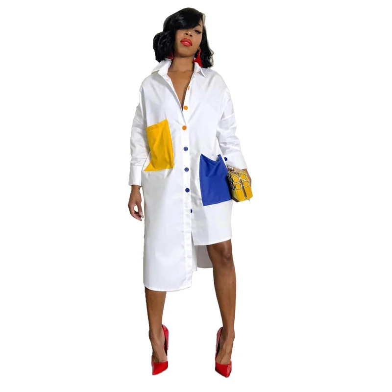 

HAOOHU Multicolor Spliced Asymmetrical Loose Shirt Dress Autumn Spring Woman Turn-Down Collar Long Sleeve Button Blouses Dress