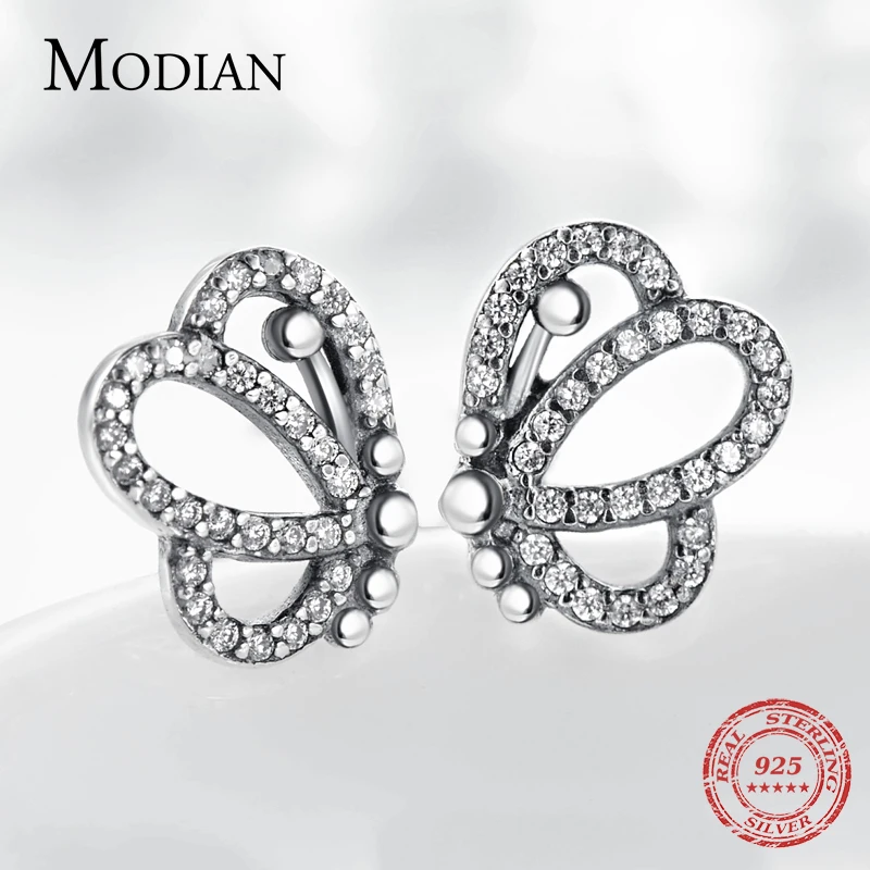 Modian очаровательные Винтажные серьги-гвоздики с бабочкой, 925 пробы, серебряные брендовые модные серьги-гвоздики с кристаллами для женщин, ювелирные изделия