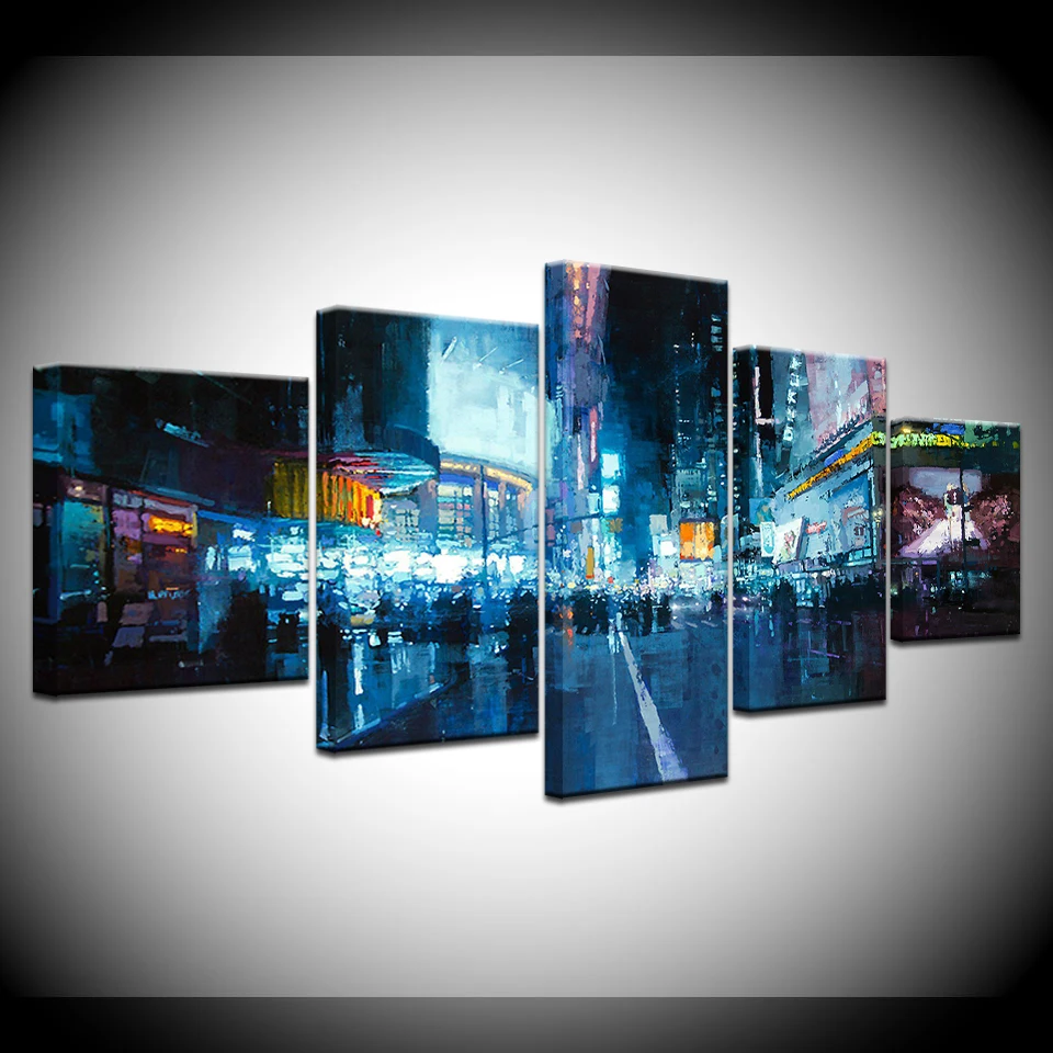 

Painting Wall Art Abstract Decorative Modular 5 Panel Frame City Night View Canvas Picture For Living Room Bedroom Print Artwork
