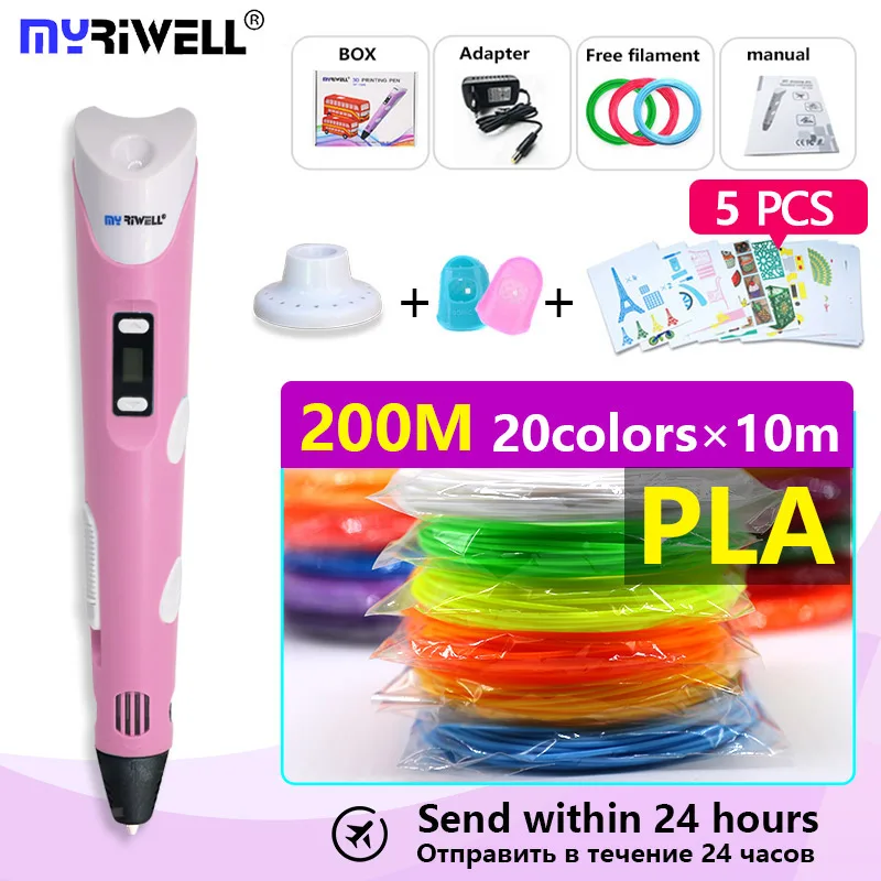 pink pen and PLA Оригинальная 3D Ручка myriwell RP100B с ABS/PLA нитью, детская ручка для самостоятельной Печати, рождественский подарок, лучший подарок на день рождения+ подставка+ патент - color: pink pen and PLA