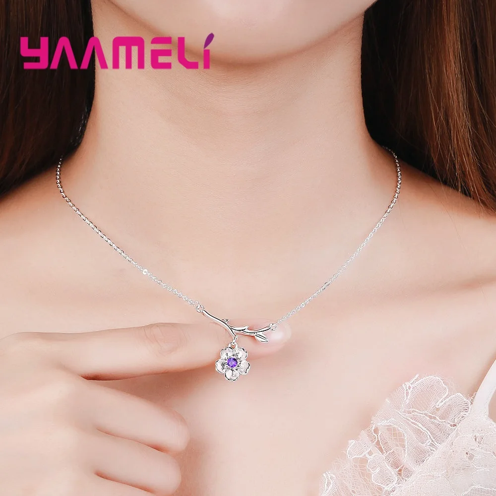 

Top 925 Sterling Silver Necklace Jewelry For Women Girls Flower Shape Pendant Pave Shiny Excellent Crystal Collar Dropshipping