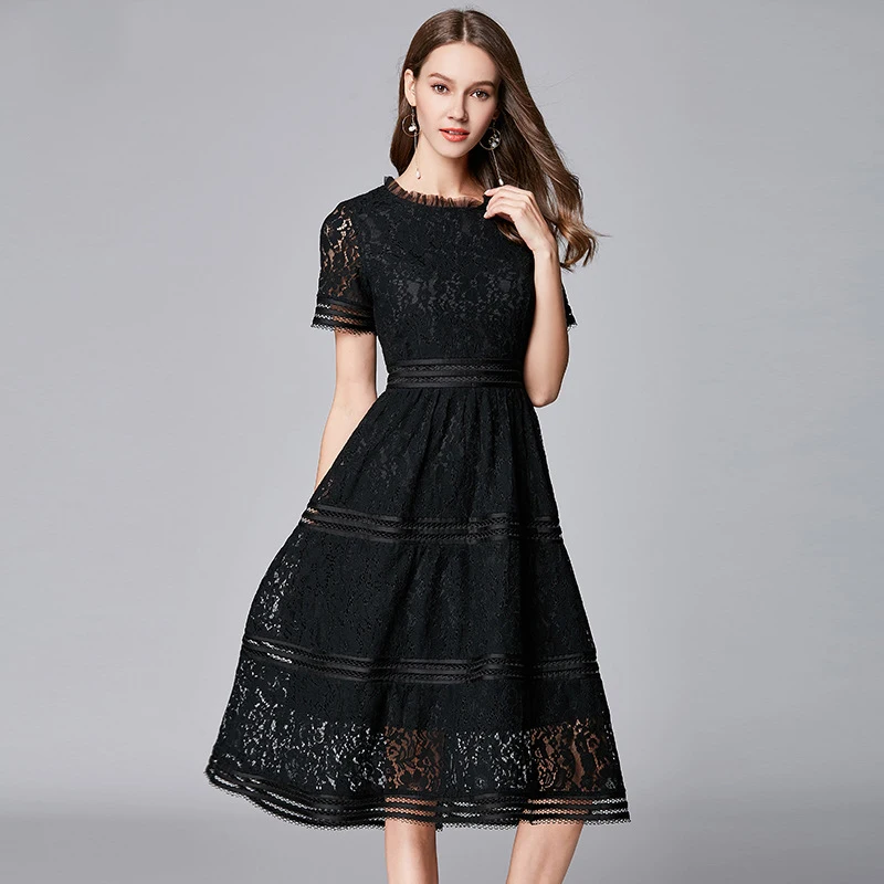 Vestidos De Verano Mujer женские новые трапециевидные темпераментные кружевные открытые с большим подолом элегантное черное платье