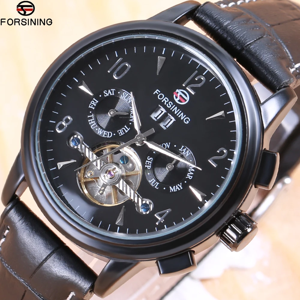 2018 Forsining Tourbillion модные волнистые черные часы многофункциональный дисплей Мужские