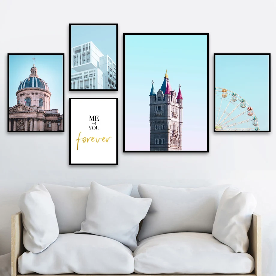 Домик церковь синий пейзаж скандинавский постер и принт настенное искусство