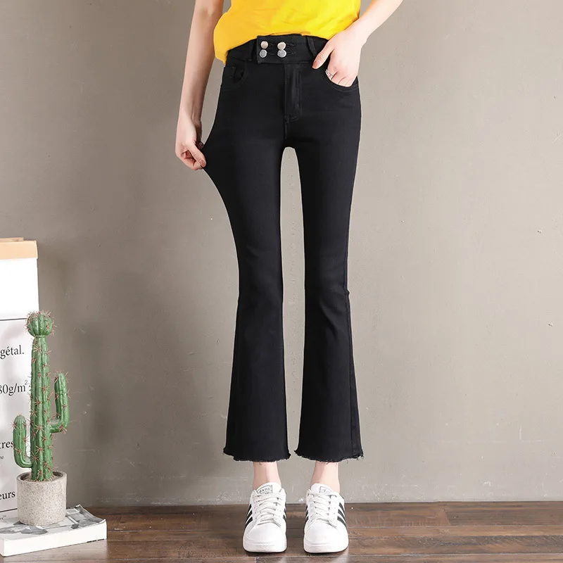 Denim Jeans Women Skinny Stretch High Waist Casual Scratched Bleached Wide Leg Pants Slim Button Ankle-Length Female Fashion |