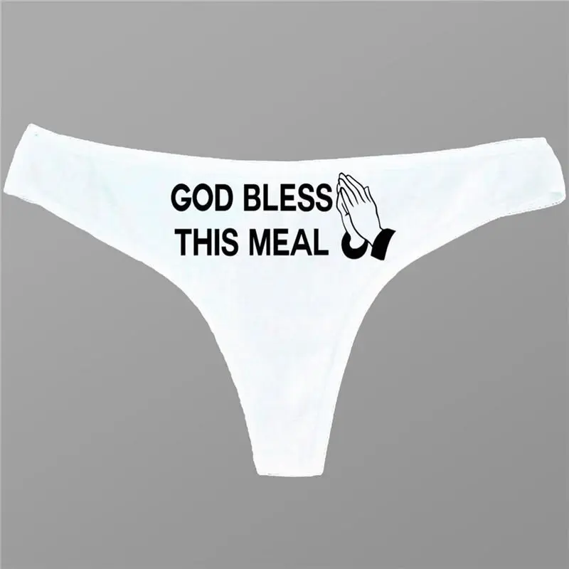 Женские трусы с надписью «GOD BLESS THIS MEAL», черно-белые бесшовные трусики из чистого хлопка, трусики-стринги, нижнее белье - Цвет: white