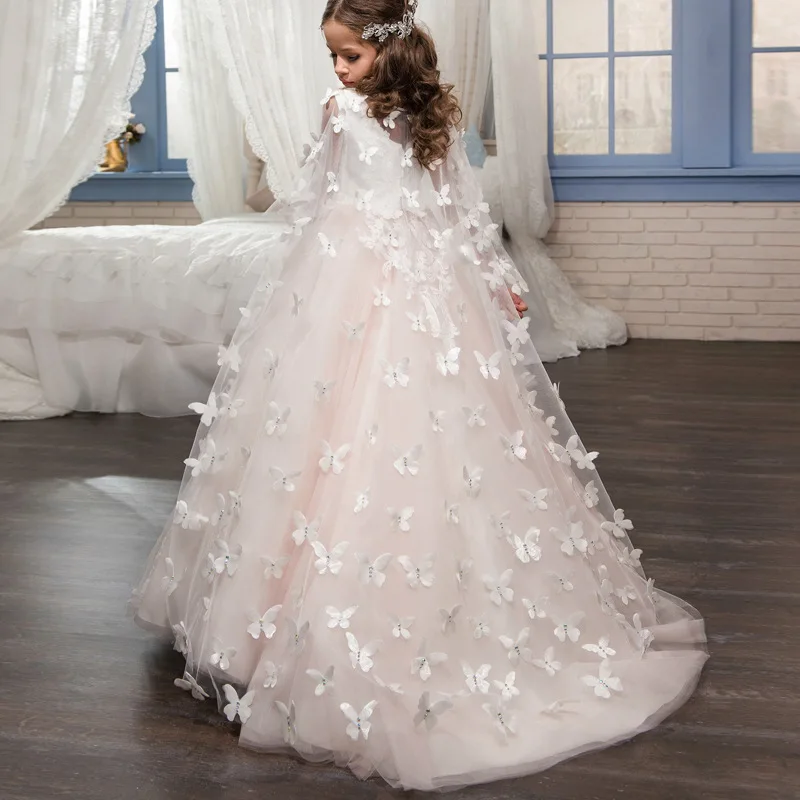 

Hot Sale Cute Light Pink Flower Girl Dress with Butterfly 2018 Lace Appliques Girls Pageant Dress for Wedding and Party