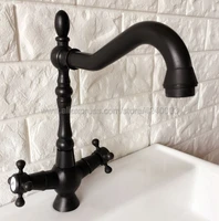 dual handle swivel bathroom kitchen sink faucet black color brass mixer tap with hot and cold water deck mounted knf381