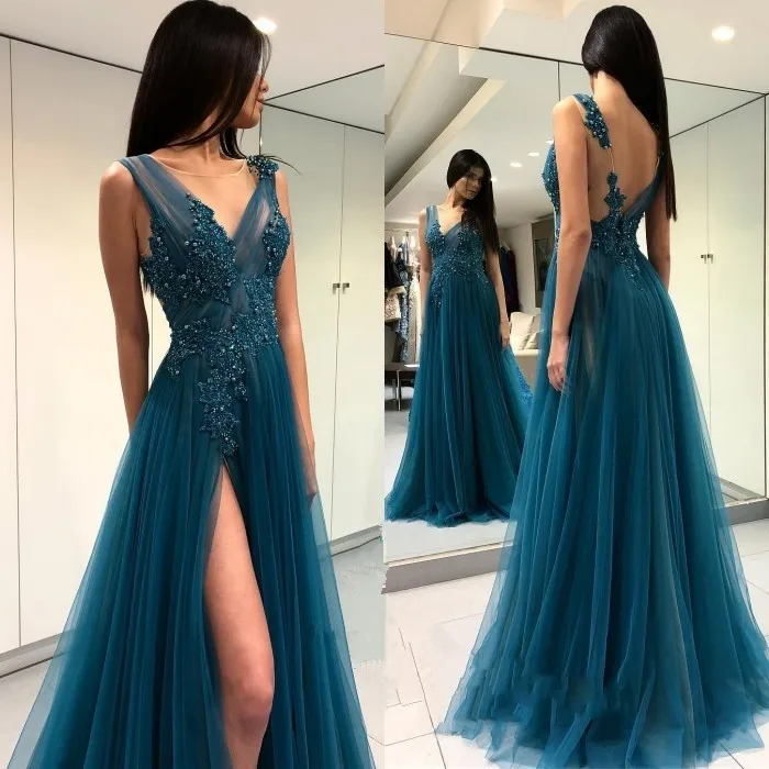 Сексуальные бирюзовые Зеленые Вечерние платья robe de soiree с открытой спиной и разрезом сбоку, вечерние женские платья, арабские трапециевидные Платья для особых случаев