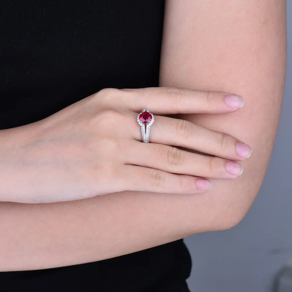 

LOVERJEWELRY Elegant Diamond Rings Real 14KT White Gold Natural Round Ruby Ring Engagement Ring Finger For Women ringen