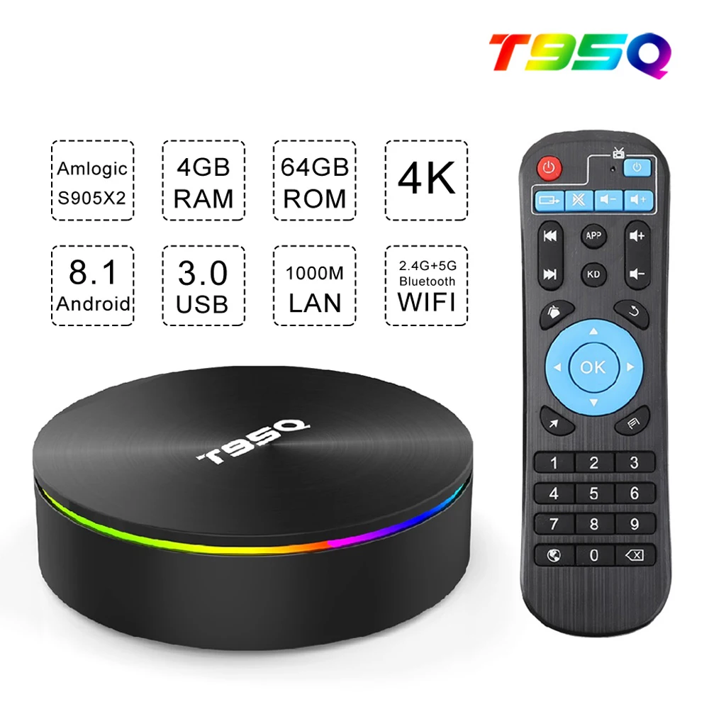 Android 8,1 телеприставка T95Q 4 Гб 64 Гб Smart IPTV 4 K HD DDR3 Amlogic S905X2 четырехъядерный двухдиапазонный 2,4G& 5G WiFi H.265 медиаплеер
