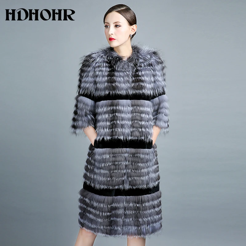 Меховое пальто HDHOHR из серебристой лисы зимние теплые меховые для женщин вязаные