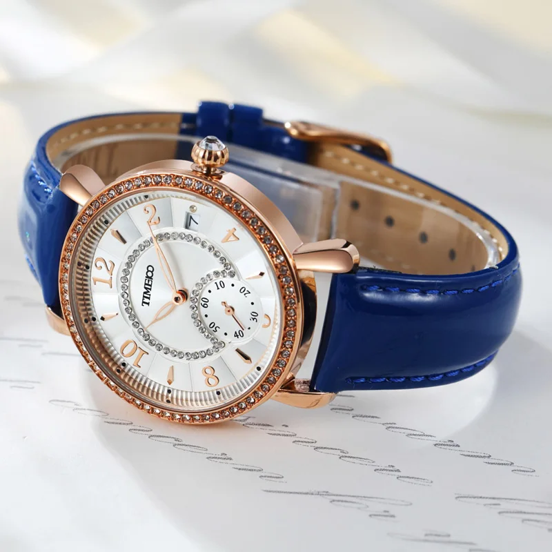 TIME100 Женские Часы маленький цифербрат секундаы календарь синий кожаный браслет