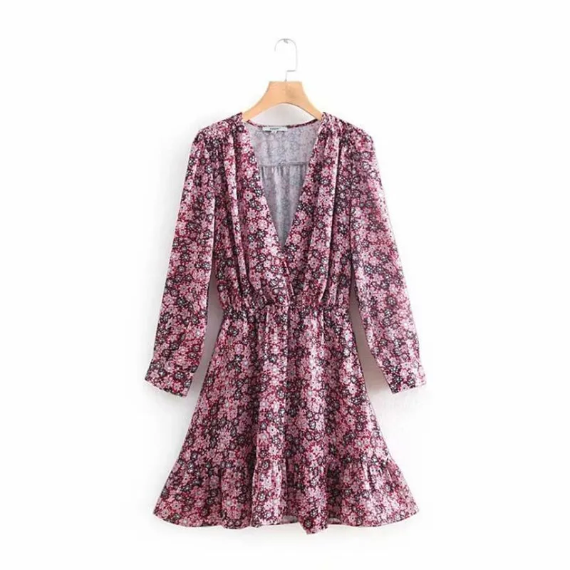 

Women V neck floral print mini dress elastic waist side zipper ruffles female casual dresses vintage A line vestidos HC114
