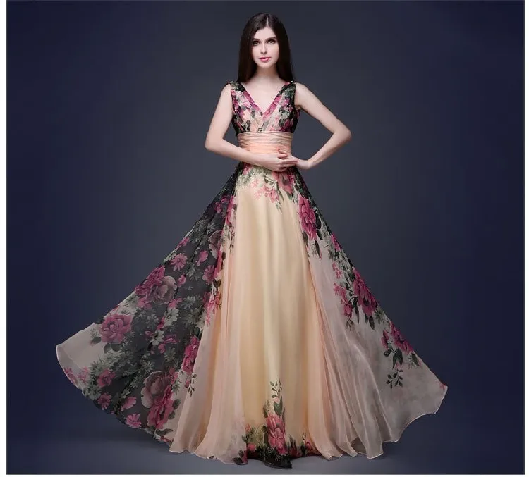 Vestidos De Fiesta винтажные Элегантные платья невесты трапециевидной формы с v-образным вырезом длинные шифоновые с цветочным принтом свадебные вечерние платья Robe De Soiree - Цвет: as picture