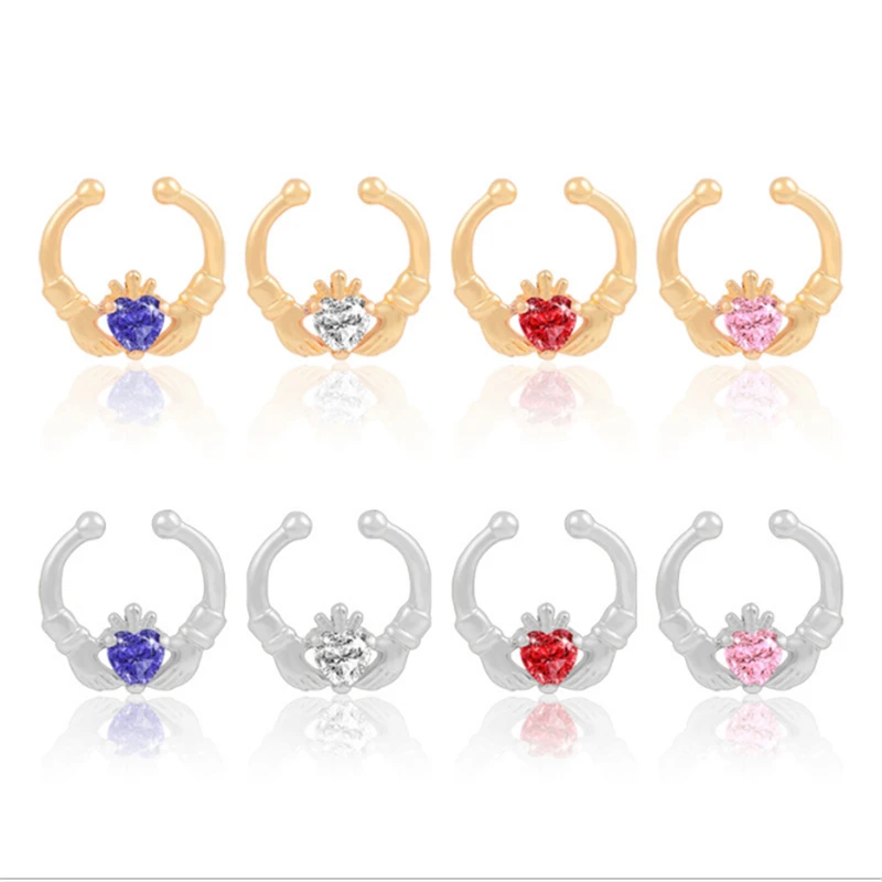 Серьги из носового кольца в форме сердца с золотыми кристаллами и шпильки для