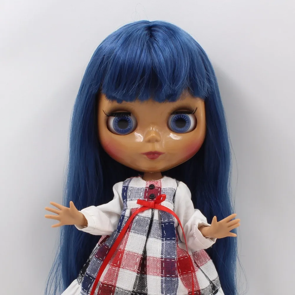 Ледяной DBS Blyth кукла 1/6 bjd синие волосы темная кожа блестящее лицо совместное тело
