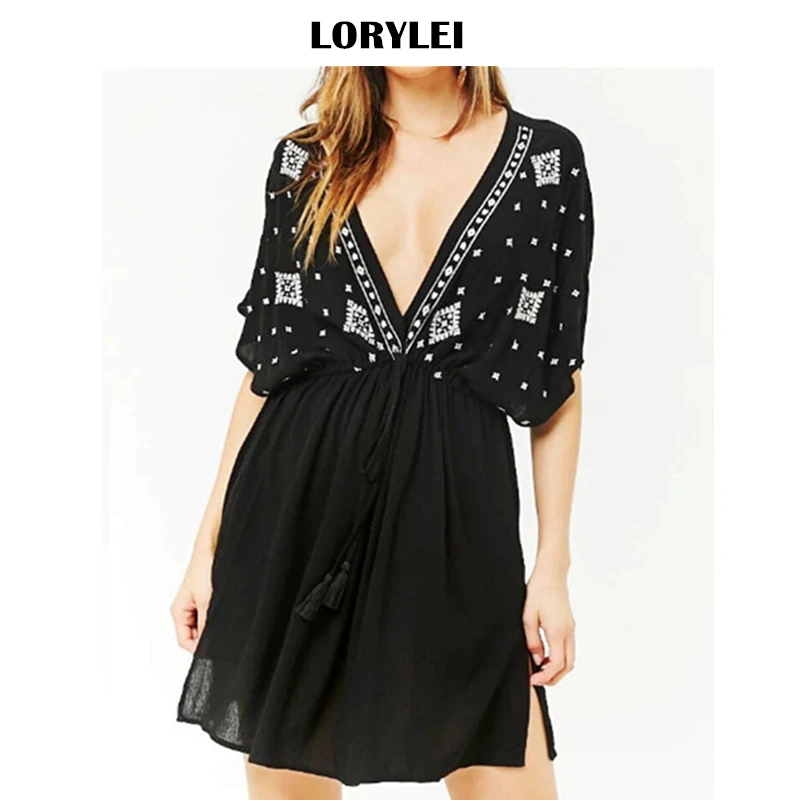 Черное богемное пляжное платье с вышивкой и v образным вырезом Летняя туника из
