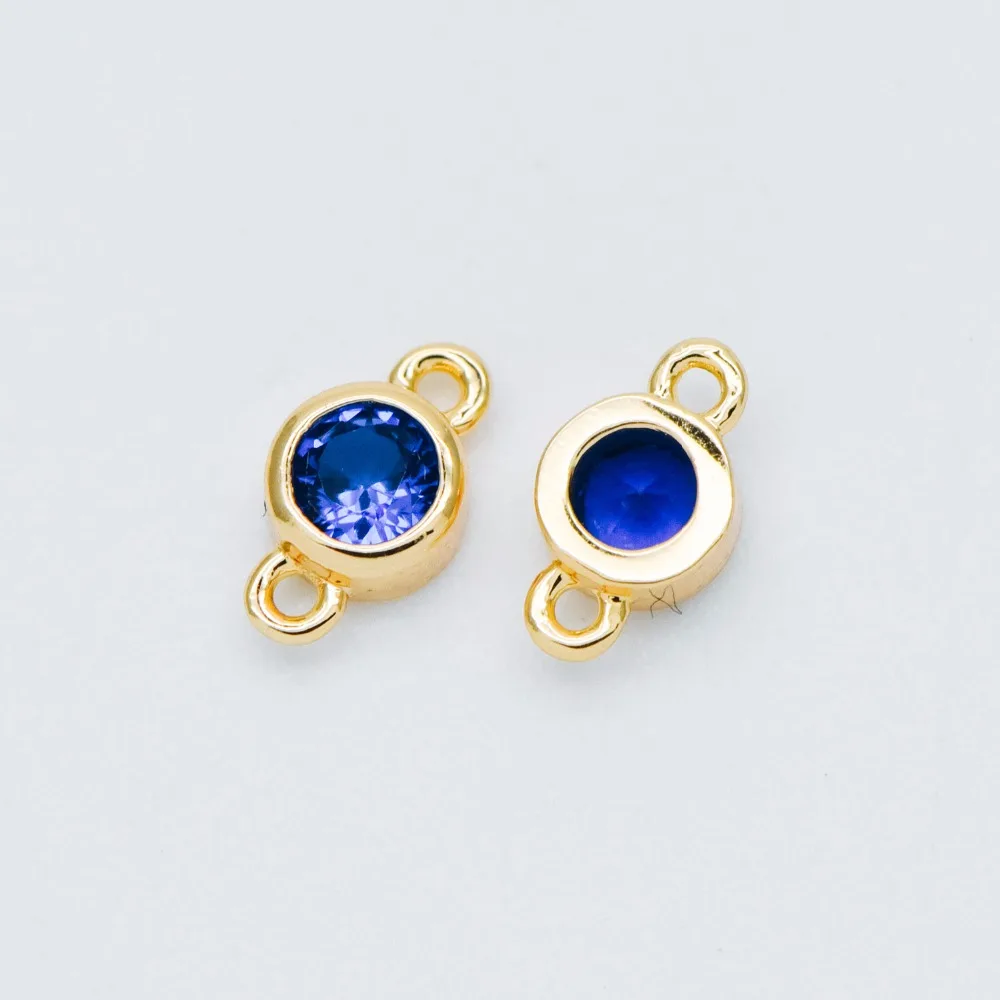 

10pcs Blue CZ Paved Round Coin Connectors 4x7mm, Real Gold Plated Brass, Mini Geometric Charm Pendants (GB-568)