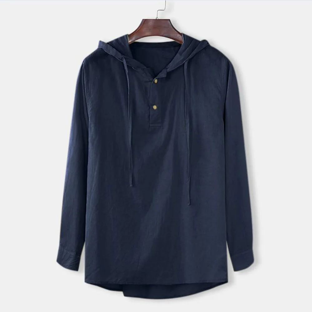 Туника рубашка Мужская мода Повседневная Хлопок Лен сплошной цвет с капюшоном свободный v-образным вырезом с длинным рукавом мужская рубашка плюс размер