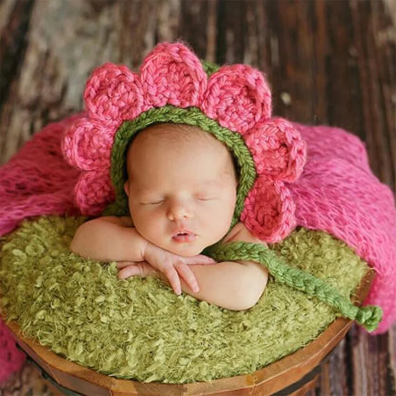 Newborn baby photography prop sunflower crochet hat infant photo accessories toddler boy girl sun flower cap Christmas gift | Детская