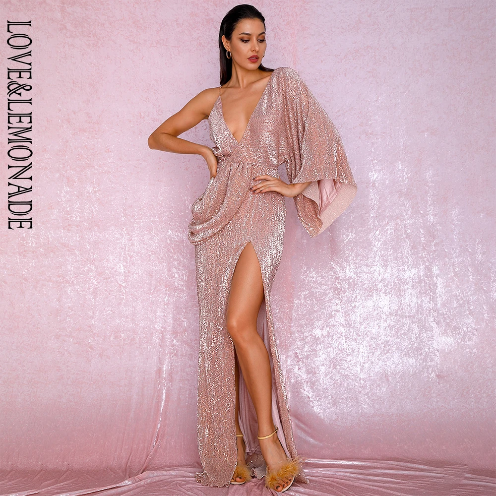 LOVE&LEMONADE Sexy Rose Gold V-Neck Single Sleeve Sequins Split Party Maxi Dress LM81848