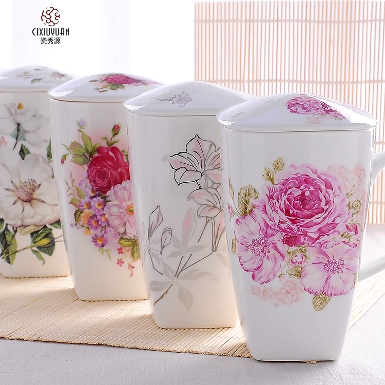 700ML, real bone china tumblers with lid, taza cafe funny mug, cute big coffee cups floral painint, ceramic cup perfect gift