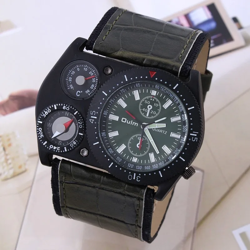 OULM Уникальный дизайн военный армейский зеленый циферблат Мужские кварцевые