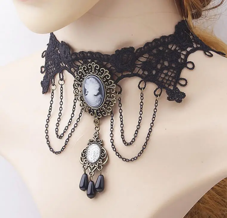 Винтажное женское ожерелье чокер с подвеской и цепочкой Victoria черный кружевной