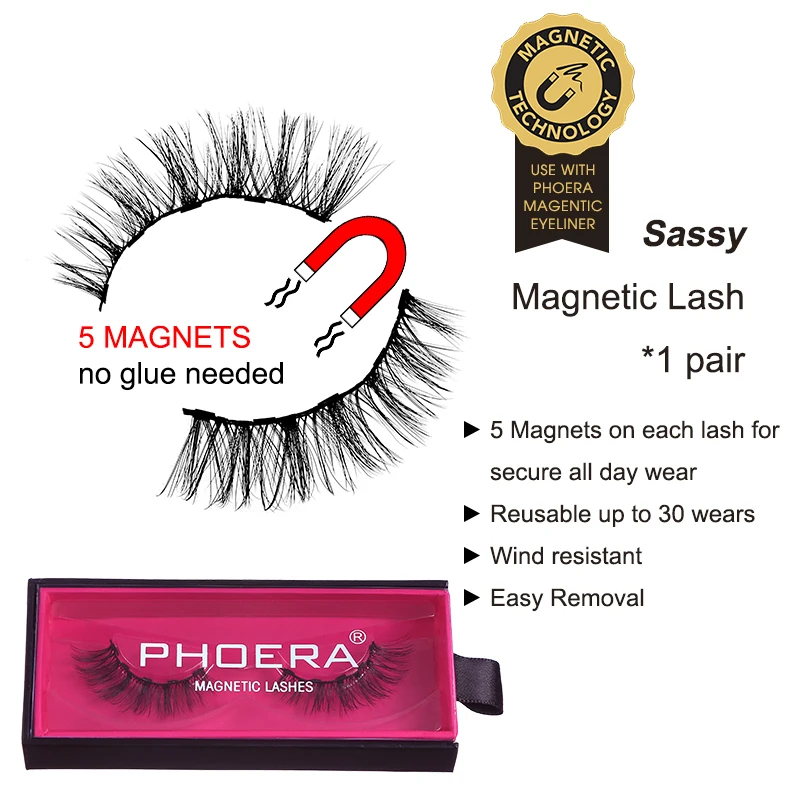 01 Sassy PHOERA 3D Многоразовые Накладные ресницы с 5 магнитами, натуральные ультра-тонкие накладные ресницы из волокна, толстые крестовые инструменты для макияжа - Цвет: 01 Sassy