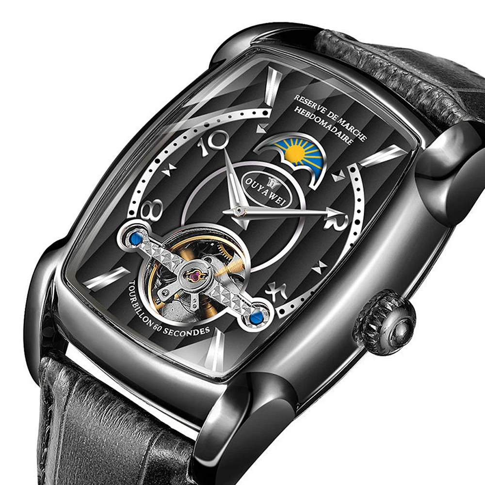 OUYAWEI Moon Phase Tourbillon наручные часы для мужчин 2018 механические Автоматические