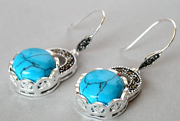 

charm lady's 925 Silver Blue jade Marcasite Earrings 14/5"