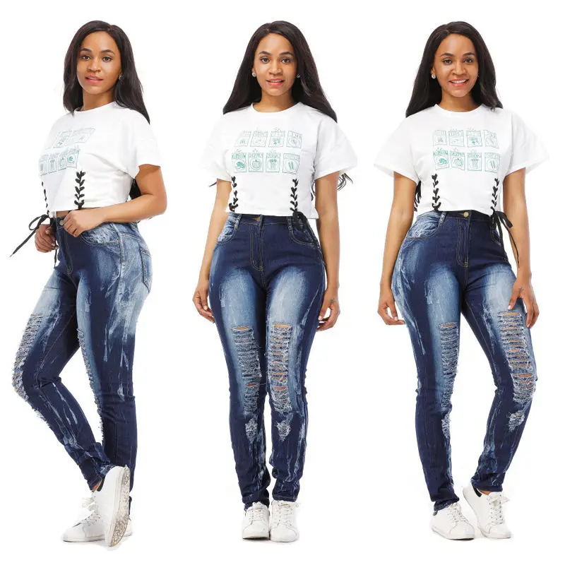 2017 Популярные узкие брюки карандаш женские Стрейчевые рваные джинсы модные