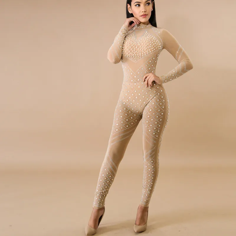 Pofash Autumn Winter Fashion Slim Crystal Patchwork Women Jumpsuit New Sexy Bodycon Long Playsuits Rompers Club Party Overalls | Женская