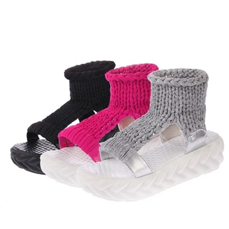 Comfortable Casual Wool Women's Summer Sandals New Arrival Knit Platform Shoes Candy Color Wedge Sandalias