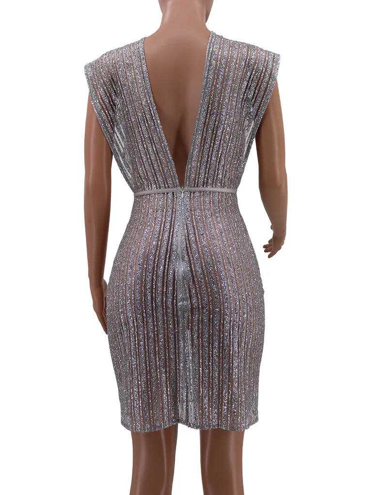 Adogirl Блестящие Блестки Sheer Mesh Bodycon клуб платье для женщин Sexy Глубокий V средства