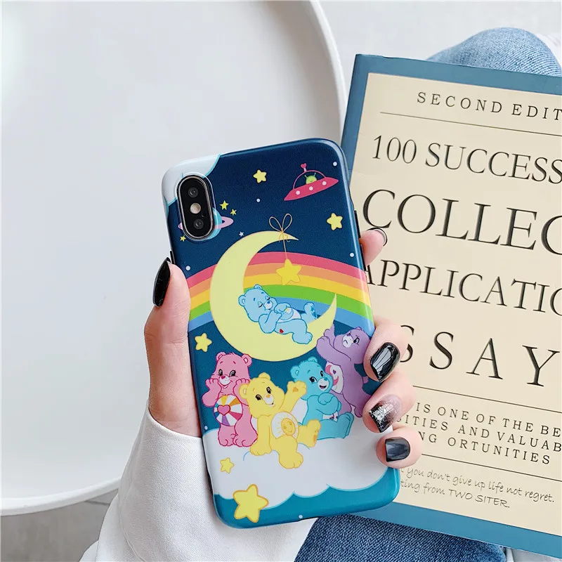 Cartoon ins Care Bears Phone Case For iPhone 6 6s 7 8 Plus X XS Max Xr cute rainbow bear Moon stars back cover Coque |