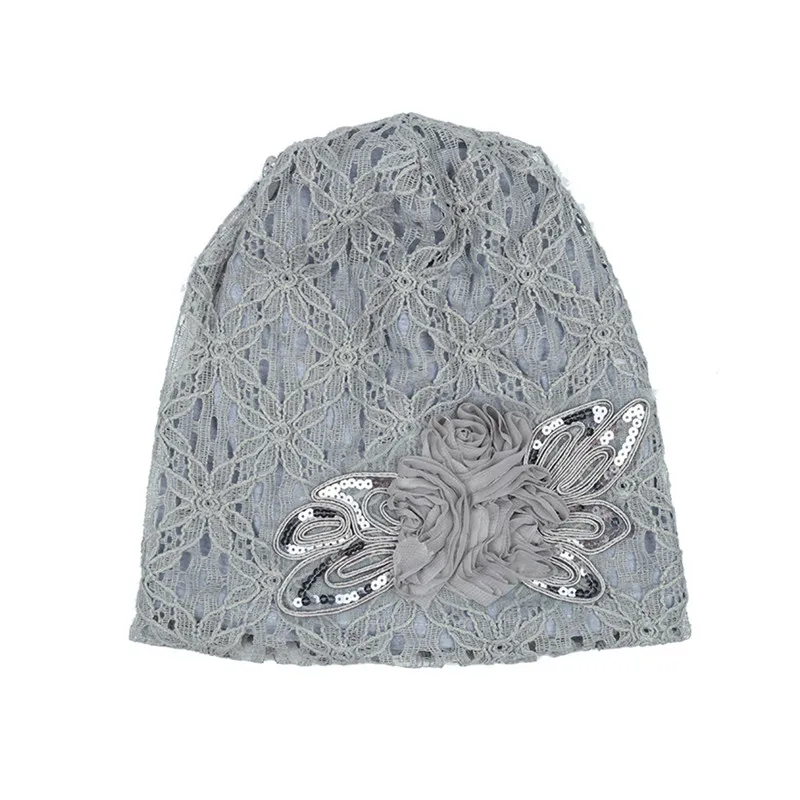 Grey Тюрбан шляпа Для женщин Skullies Beanis осень Кепки женский кружева громоздкая Beanie вязать Шапки стильный цветок Бабочка Тюрбан Кепки s Головные уборы - Цвет: Grey