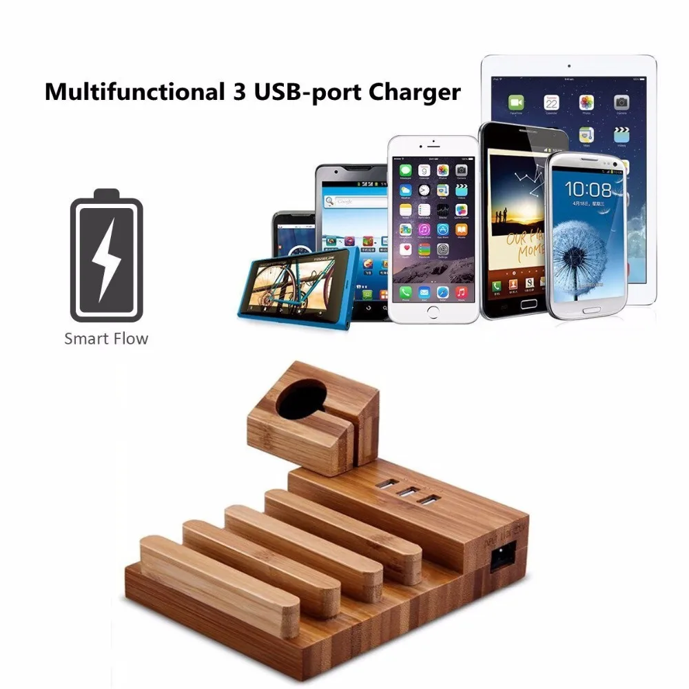 Многофункциональная зарядная станция из натурального бамбука 5 В 3 USB док-станция